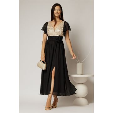 Rochie lunga neagra cu auriu de ocazie cu broderie la bust si detaliu in talie
