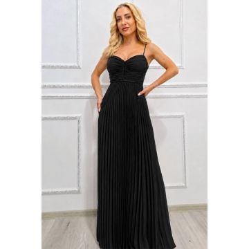 Rochie lunga plisata NYSA UNI, cu legare la spate, NEGRU, Marime S/M