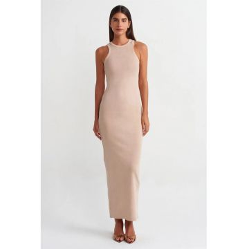 Rochie Maxi Bodycon  Casual - Bej Natural - Cu nervuri - Bumbac/Elastan