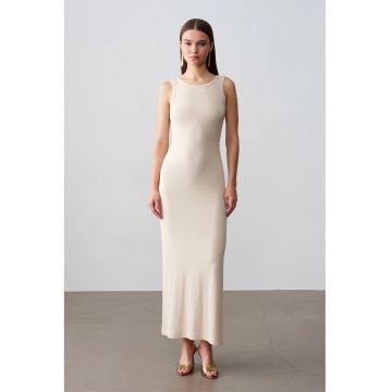 Rochie Maxi Bodycon  Casual - Guler rotund - Cu nervuri - Oatmeal Natural - 97% viscoza/3% elastan