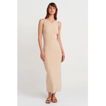 Rochie Maxi -  Casual - Guler rotund - Bej Natural - Amestec de Bumbac