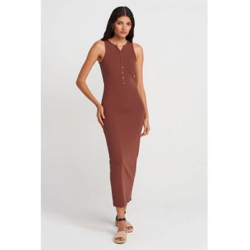 Rochie Maxi -  Casual - Guler rotund - Maro castaniu - Amestec de bumbac