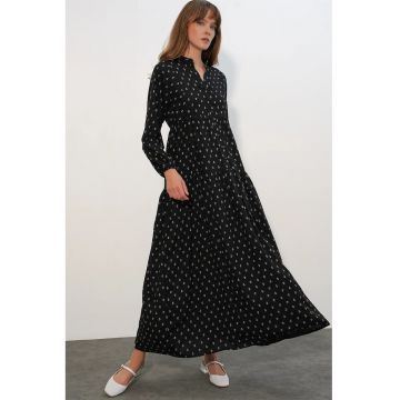 Rochie Maxi  casual - neagra - cu decolteu in V - imprimeu etnic - maneca lunga - 100% viscoza
