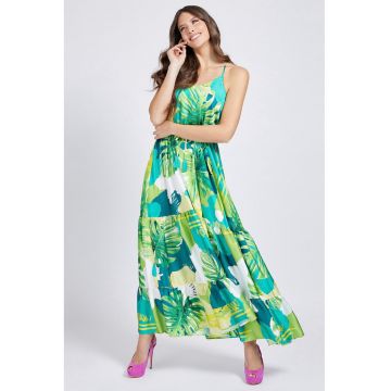 Rochie maxi cu bretele inguste - Alb/Verde/Albastru