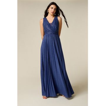 Rochie maxi cu pliuri si aspect stralucitor - Bleumarin
