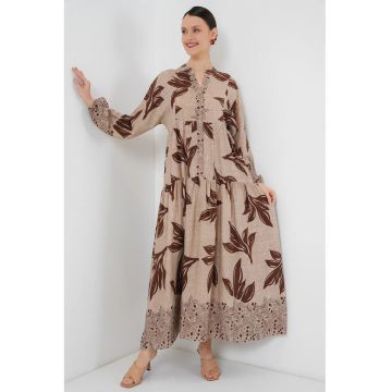 Rochie maxi  decolteu in V - imprimata - bej natural - viscoza