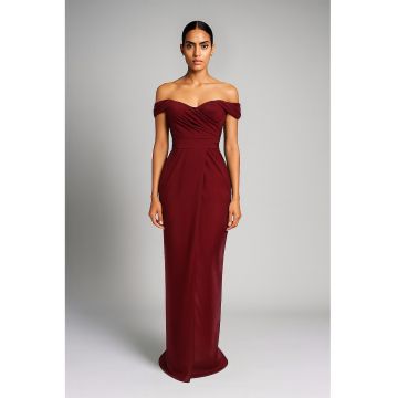 Rochie maxi drapata cu decolteu pe umeri - Visiniu