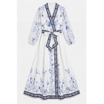 Rochie Maxi -  Floral - Alb - Casual - Maneca lunga - Decolteu in V - Cu cordon