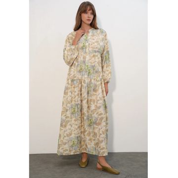 Rochie Maxi  Floral - Multicolor - Maneca lunga - Guler Mandarin - 84% viscoza