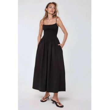 Rochie maxi -  forma de A - guler patrat - neagra - textil