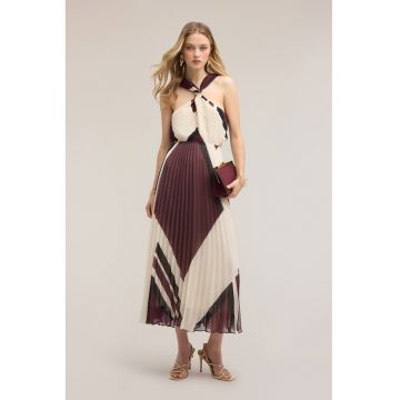 Rochie maxi halter cu pliuri si imprimeu geometric - Alb fildes - Negru - Violet pruna -