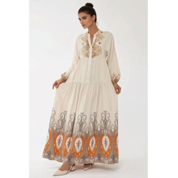 Rochie maxi -  maneca lunga - bej - textil