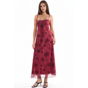 Rochie Maxi Midi -  casual - rosu ciresa - imprimeu floral - fara inchidere - 95% poliester/5% elastan