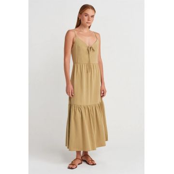 Rochie maxi  tip A - decolteu in V - detaliu decupat - verde kaki - poplin