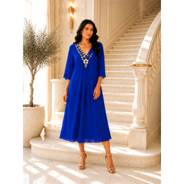 Rochie midi albastru regal accesorizata pe bust