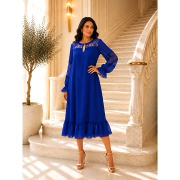 Rochie midi albastru regal cu dantela si maneci transparente