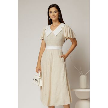 Rochie midi bej cu floricele brodate si guler alb
