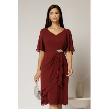 Rochie midi bordo din voal cu accesoriu in talie