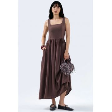 Rochie Midi  Casual - Guler Patrat - Maro Cafea - 100% Poliester