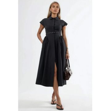 Rochie midi  cu cordon - guler - Negru