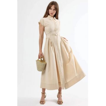 Rochie midi  cu cordon - guler tip camasa - bej - bumbac si poliester