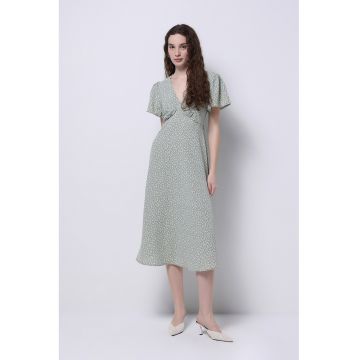 Rochie midi cu decolteu in V si maneci cu volane - Alb/Verde pal