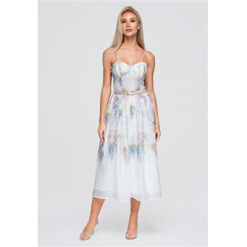 Rochie midi cu flori eleganta OW-DLR-E0018 - Alb -