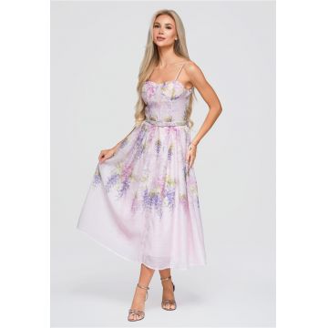 Rochie midi cu flori eleganta OW-DLR-E0018 - Roz -