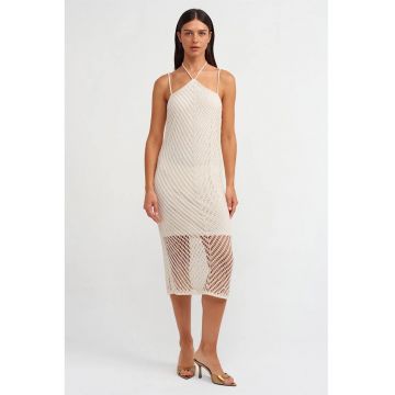 Rochie Midi -  cu Guler Halter - Decupaje - Crem Natural - Tricot Texturat - One Size