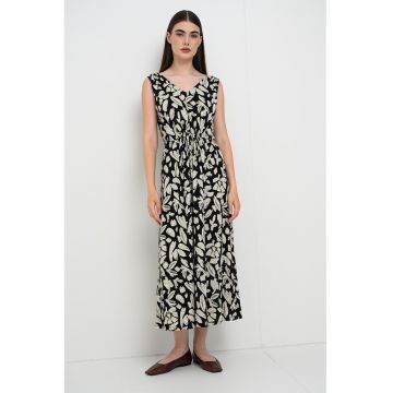 Rochie midi cu imprimeu floral - Alb fildes/Negru