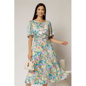 Rochie midi cu imprimeuri lila turcoaz din satin plisat si maneci scurte evazate
