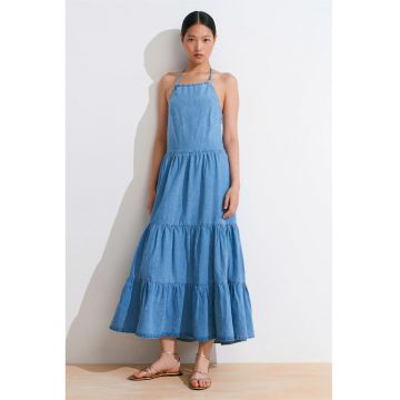 Rochie Midi -  Denim Albastru Deschis-Mediu - Casual - Halter - 100% Bumbac