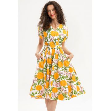 Rochie midi din bumbac cu croiala petrecuta - Portocaliu/Verde pal/Alb optic