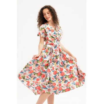 Rochie midi din bumbac cu croiala petrecuta - Roz somon/Verde pal/Alb optic