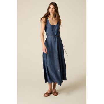 Rochie midi din denim cu cordon in talie - Bleumarin