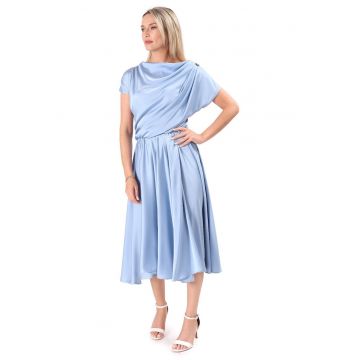 Rochie midi din satin elastic cu decolteu barcuta - Albastru aquamarin