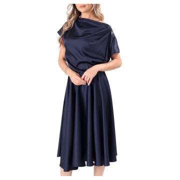 Rochie midi din satin elastic cu decolteu barcuta - Bleumarin