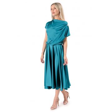 Rochie midi din satin elastic cu decolteu barcuta - Turcoaz