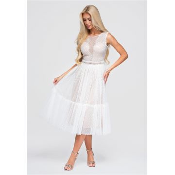 Rochie midi eleganta dama cu decolteu semi-transparent si corset LA-OM-DLR401 - Alb -