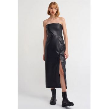 Rochie Midi -  Eleganta - Negru - Piele Ecologica - Fara Bretele