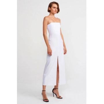 Rochie Midi  Fara Bretele cu Slit Alb - Elegant - Bumbac