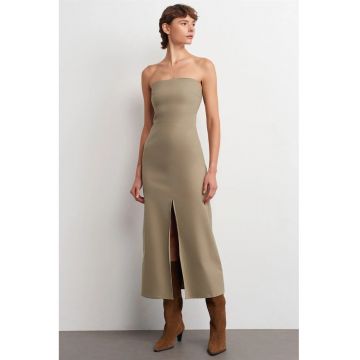 Rochie Midi  Fara Bretele - Verde Kaki - Eleganta - Cu Slit - Bumbac