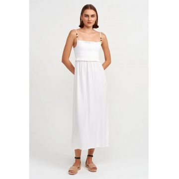 Rochie Midi Femei  Alb - Fara Maneci - Decolteu Patrat - Volanase - 70% Viscoza/30% In