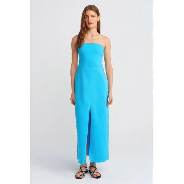 Rochie Midi Femei  Albastru Cerulean - Fara Bretele - Cu Slit - Bumbac