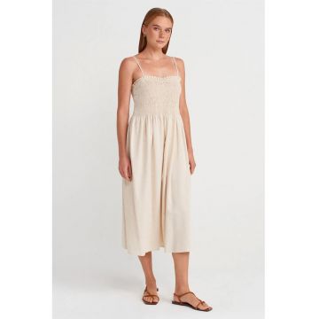 Rochie Midi Femei  Crem Natural - Elastic - Fara Inchidere - 54% Viscoza/32% Bumbac/14% In