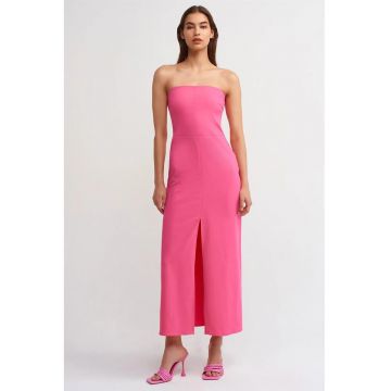 Rochie Midi Femei  Roz Intens - Eleganta - Fara Bretele - Cu Slit - Bumbac
