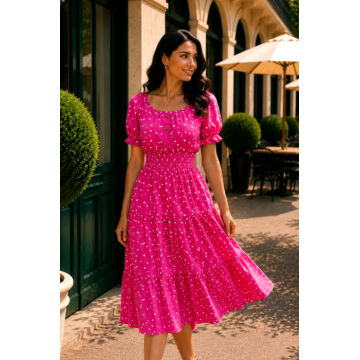 Rochie midi fucsia de vara imprimata cu buline