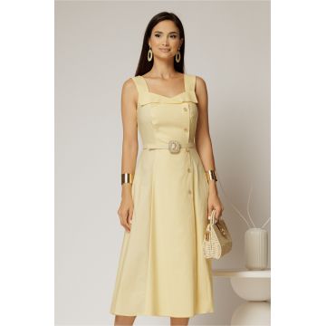 Rochie midi gabena din poplin cu nasturi si curea in talie