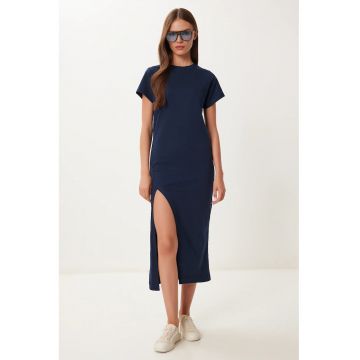 Rochie midi Happiness Istanbul - casual - 100% bumbadwqfc - slit lateral - Bleumarin