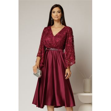 Rochie midi magenta de ocazie din satin si dantela